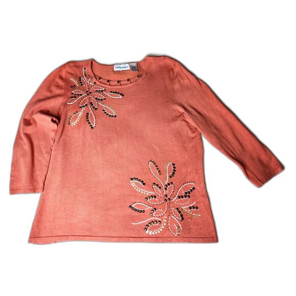 Alfred Dunner Peach Orange Embellished Knit Top Medium Floral Studs Sz. M Beaded - Picture 3 of 5
